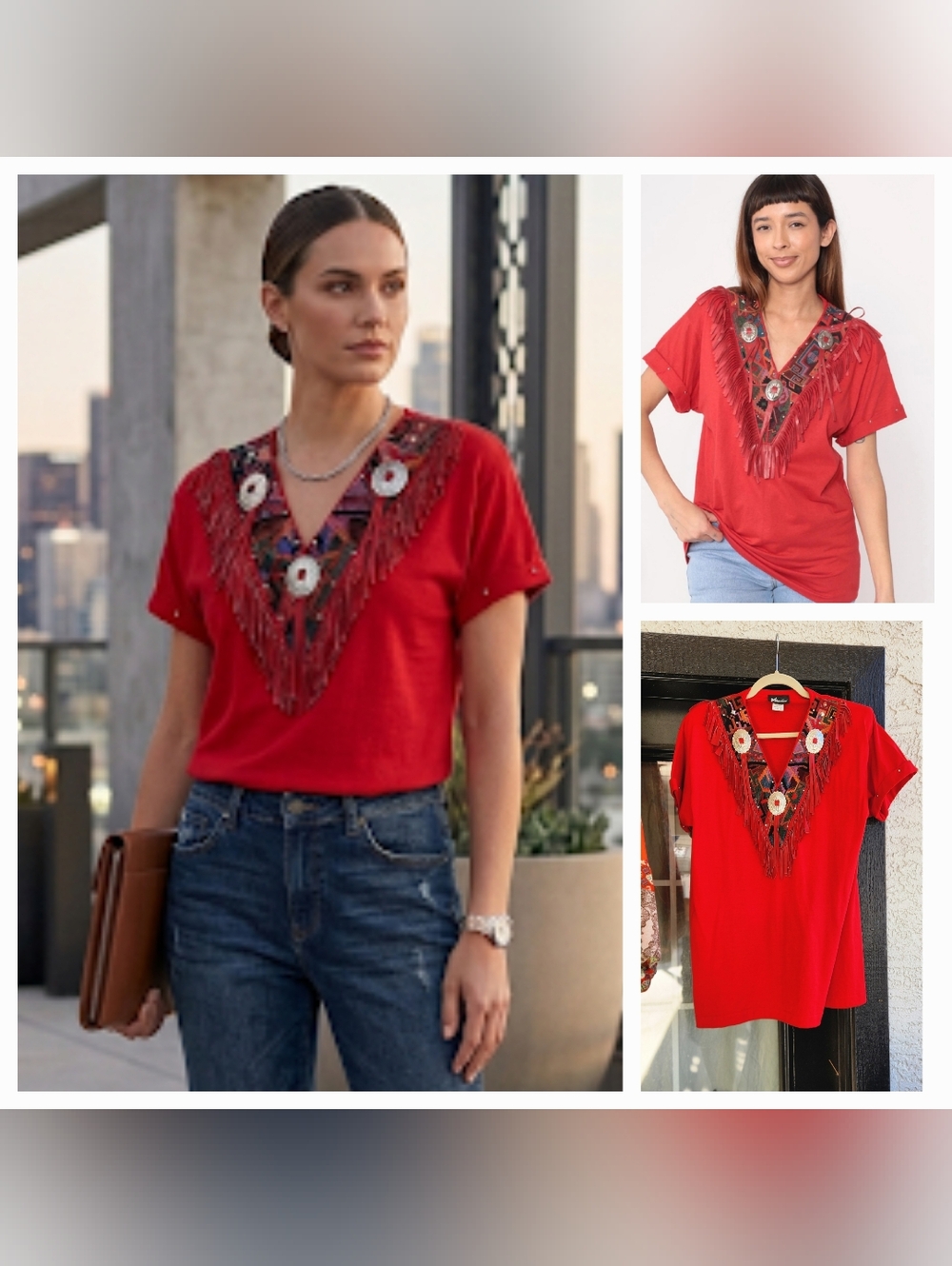 Southwestern Fringe Tunic 90s Red Coral Native American Tribal Inspired V Neck